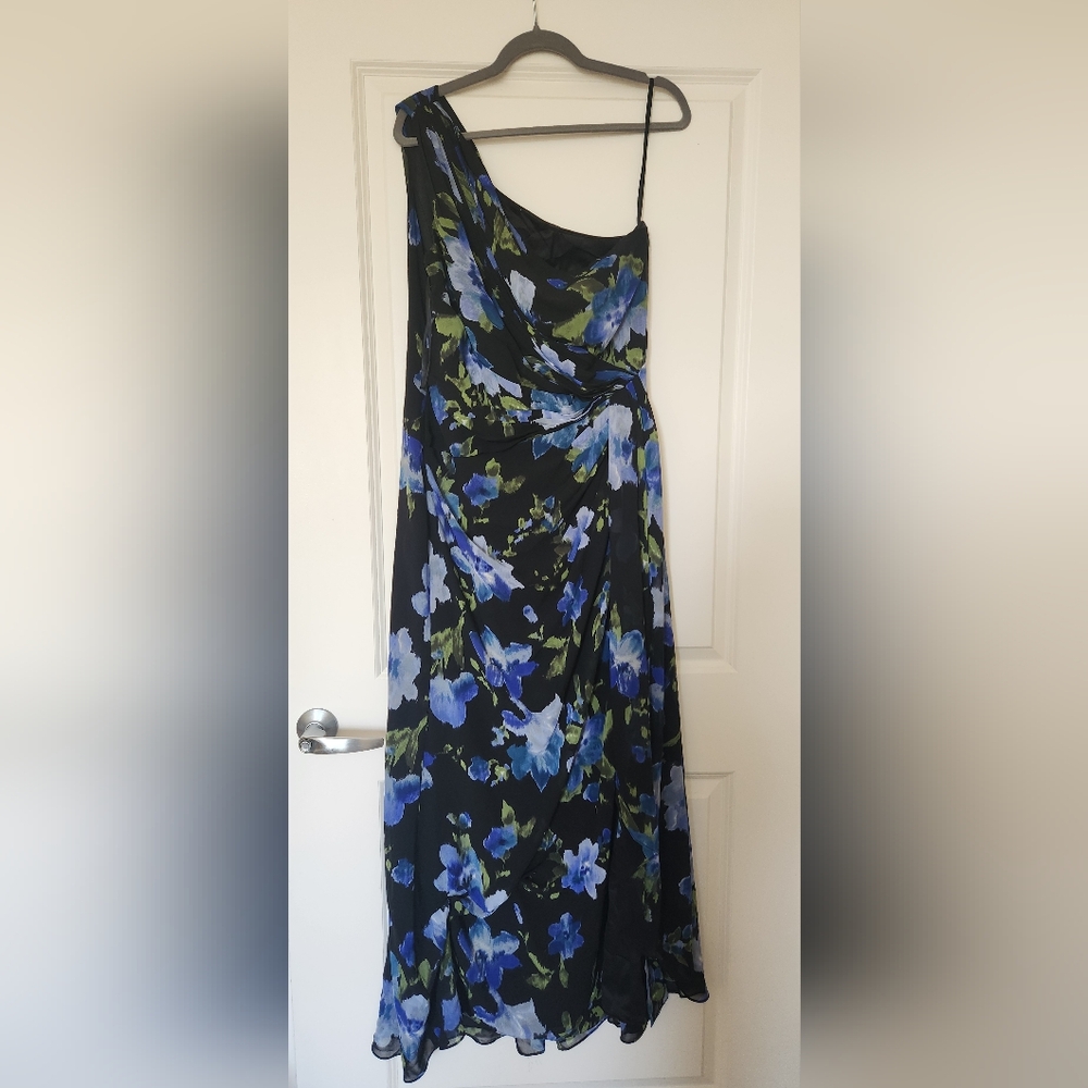 Floral One-Shoulder Evening Gown (Ralph Lauren) Size 16 Color Blue/Black